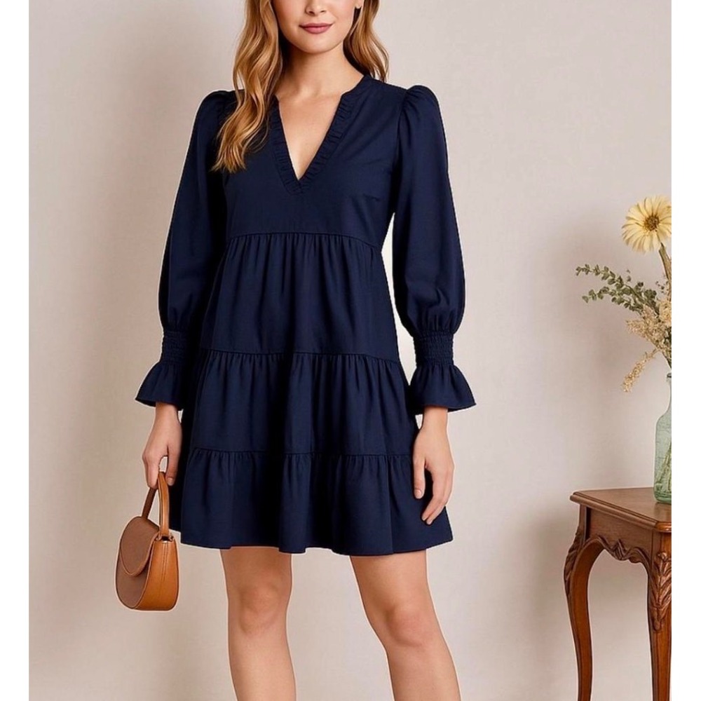 Pomander Place Kenzo Poplin Mini Dress Navy Blue Cotton Smocked Puff Sleeve Med.